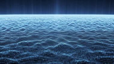 Dalgalı soyut mavi arkaplan. Parlayan noktaların arkaplanındaki bir dijital dalganın 3 boyutlu görüntüsü.