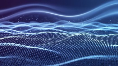 Dalgalı soyut mavi arkaplan. Parlayan noktaların arkaplanındaki bir dijital dalganın 3 boyutlu görüntüsü.