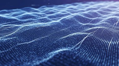 Dalgalı soyut mavi arkaplan. Parlayan noktaların arkaplanındaki bir dijital dalganın 3 boyutlu görüntüsü.