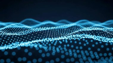 Dalgalı soyut mavi arkaplan. Parlayan noktaların arkaplanındaki bir dijital dalganın 3 boyutlu görüntüsü.