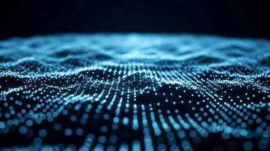 Dalgalı soyut mavi arkaplan. Parlayan noktaların arkaplanındaki bir dijital dalganın 3 boyutlu görüntüsü.