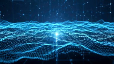 Dalgalı soyut mavi arkaplan. Parlayan noktaların arkaplanındaki bir dijital dalganın 3 boyutlu görüntüsü.