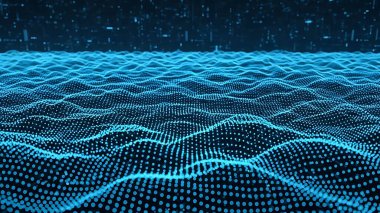 Dalgalı soyut mavi arkaplan. Parlayan noktaların arkaplanındaki bir dijital dalganın 3 boyutlu görüntüsü.