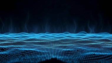 Dalgalı soyut mavi arkaplan. Parlayan noktaların arkaplanındaki bir dijital dalganın 3 boyutlu görüntüsü.