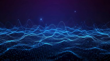 Dalgalı soyut mavi arkaplan. Parlayan noktaların arkaplanındaki bir dijital dalganın 3 boyutlu görüntüsü.