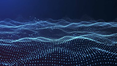 Dalgalı soyut mavi arkaplan. Parlayan noktaların arkaplanındaki bir dijital dalganın 3 boyutlu görüntüsü.