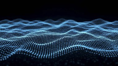 Dalgalı soyut mavi arkaplan. Parlayan noktaların arkaplanındaki bir dijital dalganın 3 boyutlu görüntüsü.