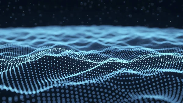 Dalgalı soyut mavi arkaplan. Parlayan noktaların arkaplanındaki bir dijital dalganın 3 boyutlu görüntüsü.