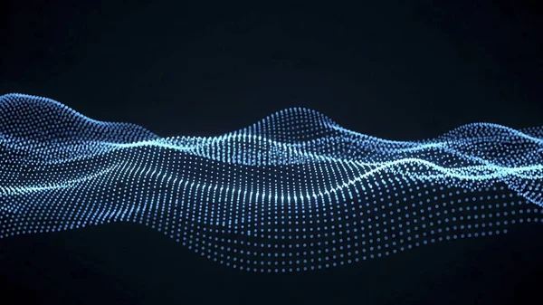 Dalgalı soyut mavi arkaplan. Parlayan noktaların arkaplanındaki bir dijital dalganın 3 boyutlu görüntüsü.