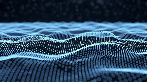 Dalgalı soyut mavi arkaplan. Parlayan noktaların arkaplanındaki bir dijital dalganın 3 boyutlu görüntüsü.