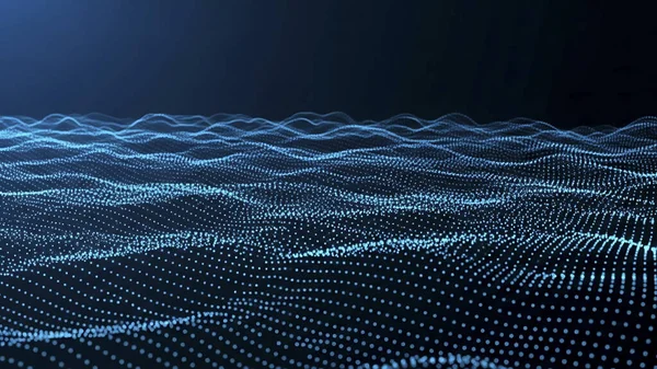 Dalgalı soyut mavi arkaplan. Parlayan noktaların arkaplanındaki bir dijital dalganın 3 boyutlu görüntüsü.