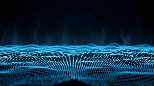 Dalgalı soyut mavi arkaplan. Parlayan noktaların arkaplanındaki bir dijital dalganın 3 boyutlu görüntüsü.