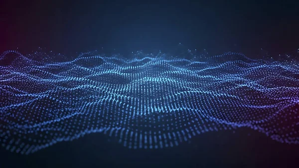 Dalgalı soyut mavi arkaplan. Parlayan noktaların arkaplanındaki bir dijital dalganın 3 boyutlu görüntüsü.