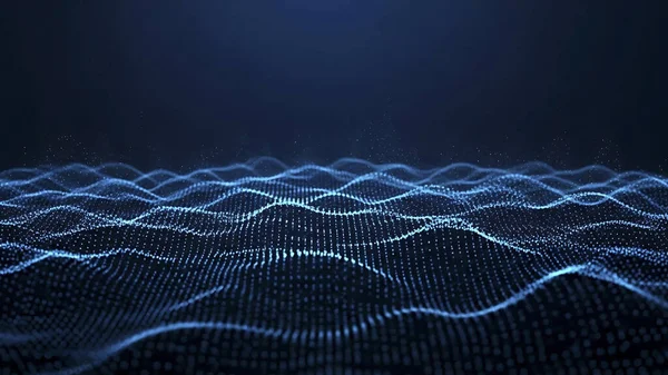Dalgalı soyut mavi arkaplan. Parlayan noktaların arkaplanındaki bir dijital dalganın 3 boyutlu görüntüsü.