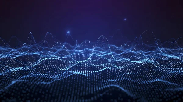 Dalgalı soyut mavi arkaplan. Parlayan noktaların arkaplanındaki bir dijital dalganın 3 boyutlu görüntüsü.