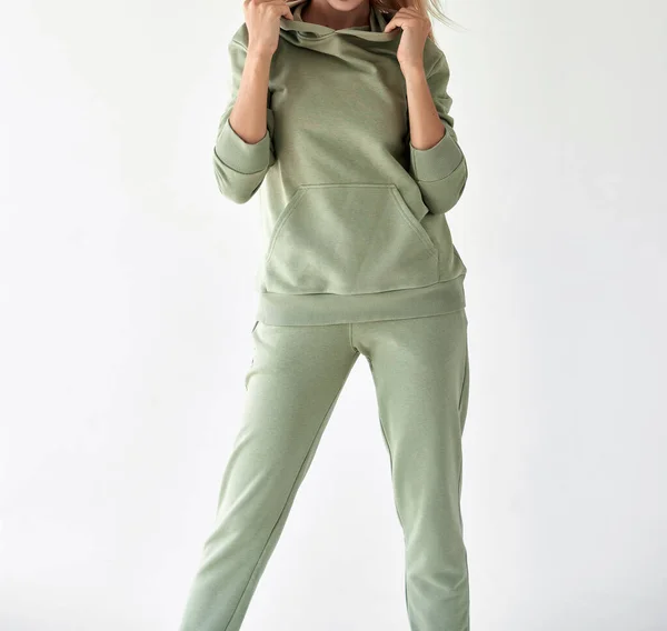 Fille Porte Sweat Capuche Vert Clair Pantalon Studio Tourné Pour — Photo