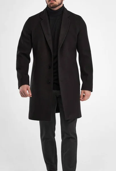 Uomo Indossa Cappotto Nero Isolato Studio Colpo Uomo Elegante Scuro — Foto Stock