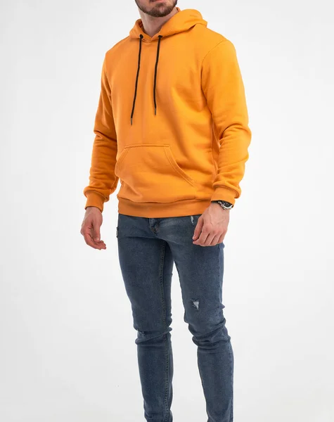 Mann Orangefarbenem Kapuzenpulli Mann Trägt Straßenkleidung Attrappe Isoliertes Studiofoto Herrenbekleidung — Stockfoto