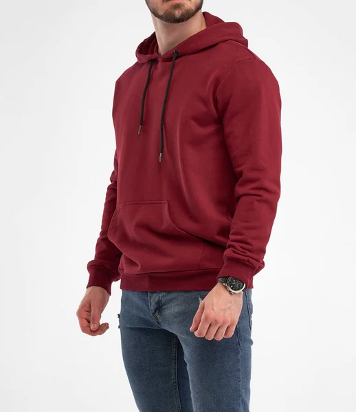 Der Bärtige Typ Trägt Einen Dunkelroten Kapuzenpulli Mann Steht Fleecejacke — Stockfoto