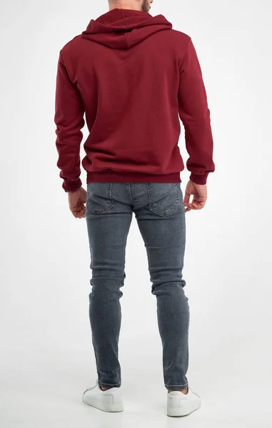 Foto Isolada Homem Capuz Vermelho Jeans Modelo Design Desgaste Rua — Fotografia de Stock