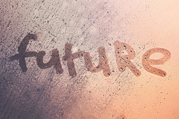 Word Future Window Water Drops Sunny Background Fogged Window Calligraphy — Stock Photo, Image