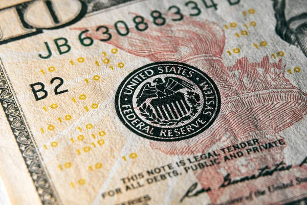 Крупный План Маркировки Федерального Резерва Долларовой Купюре Сша — стоковое фото