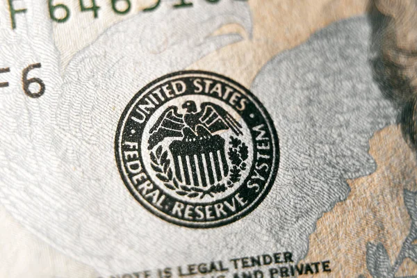 Foto Macro Símbolo Sistema Reserva Federal Nota Cem Dólares Concentração — Fotografia de Stock