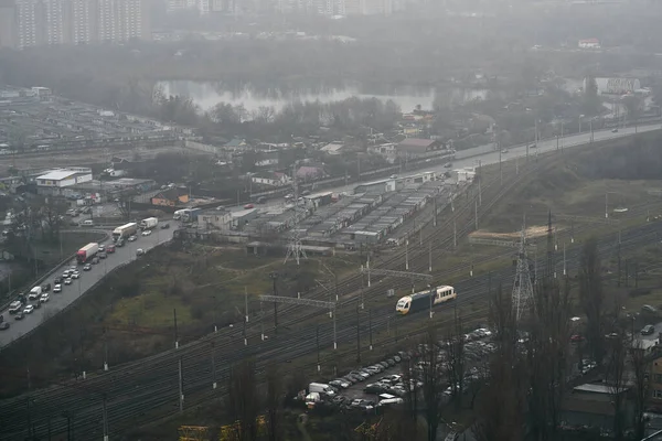 Järnvägsspår Flygutsikt Utsikt Över Ukrainas Huvudstad Kiev Stad Senhösten Och — Stockfoto