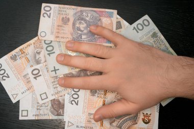 Erkek eli ve zloti banknotları. PLN ve erkek kolu. Polonya parası almak ya da almak