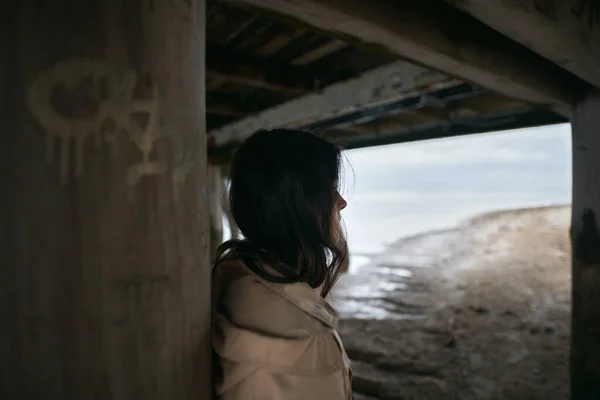 Portrait Brune Élégante Sous Jetée Bois Fille Attrayante Mode Avec — Photo