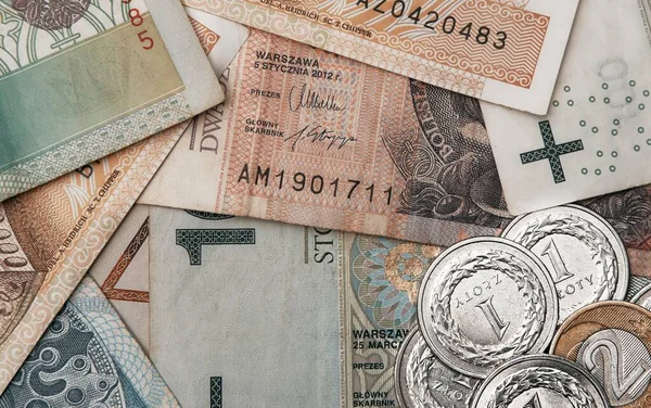Polonês Zloty Dinheiro Flat Lay Notas Moedas Polacas Macro Shot — Fotografia de Stock