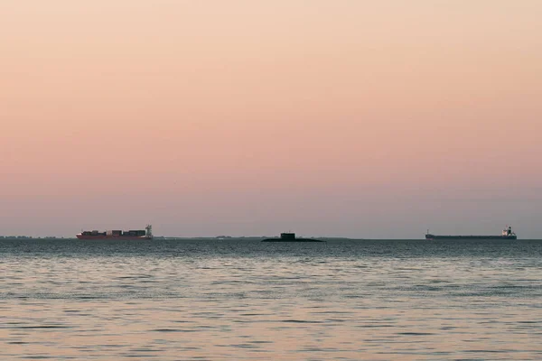 Submarine Far Wooden Pier Sea Military Exercise — Φωτογραφία Αρχείου