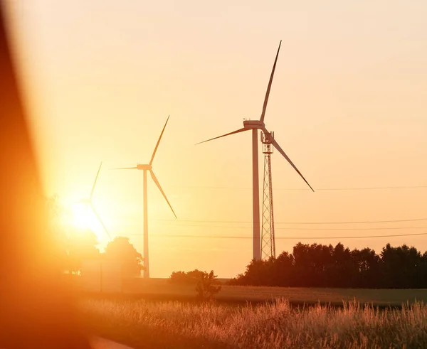 Wind turbines during sunset view form vehicle window.
