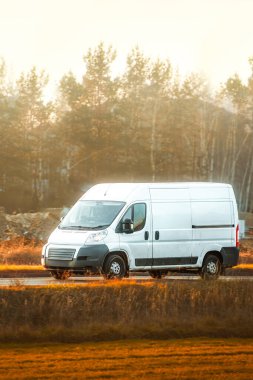 Teslimat aracı doğaya yakın asfalt yolda.