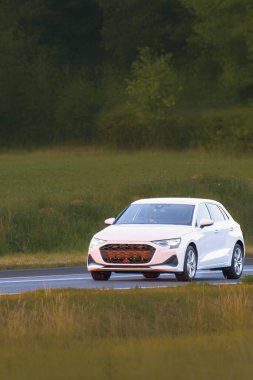 Kırsal yolda modern hatchback sürüşü