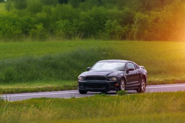Yeşil tarlalardan geçen şık bir araba.