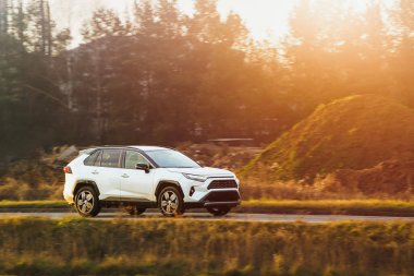 Sonbaharda doğa yolunda SUV sürmek