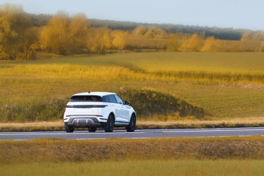 Araba boş bir kırsal yol boyunca gidiyor.