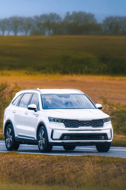 Tam ölçekli arazi aracı manzaralı kırsal yolda seyahat ediyor