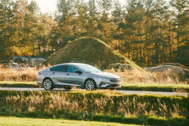 Sedan aracı güneşli kırsal yolda.