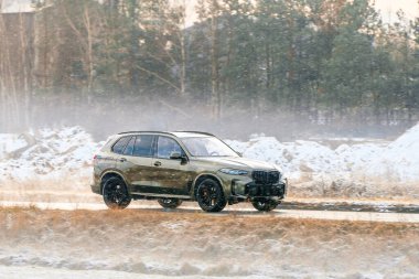 Otomobil gün ışığında orman yolunda gidiyor.