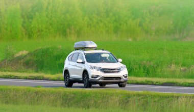 Çatı Kutusu Yeşil Peyzajda Seyahat Eden SUV
