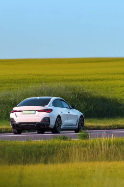 Yeşil arazide kırsal yolda yenilikçi EV sürüşü