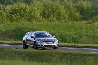 Doğada asfalt bir yolda araba.