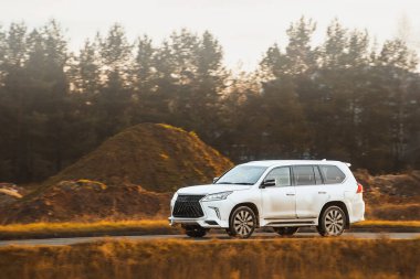 Sessiz kırsal sokakta şık bir otomobil.