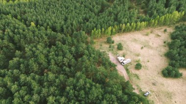 Park halindeki karavanı çevreleyen orman ağaçları