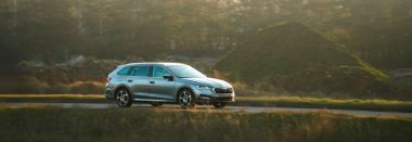 Huzurlu kırsal yolda giden bir mülk arabası.