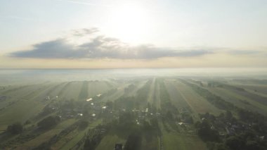 Tarlalar üzerindeki sisli sabahın hava perspektifi