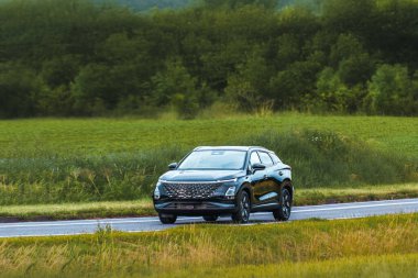 Çin yapımı SUV asfalt yolda ilerliyor.