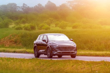 Modern SUV yeşil çimlerin ve ağaçların yanından geçiyor.